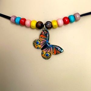 Necklace. Butterfly Pendant. Black Leather.